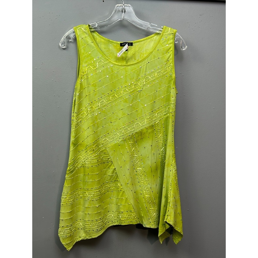 Sami & Jo Tank Top Womens Small Green Tie Dye Handkerchief Hem Sequins 10926